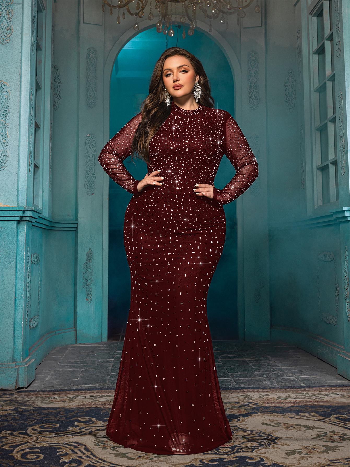

Elegant Plus Size Long Sleeve Mermaid Evening Gown with Stand Collar XL бордовый