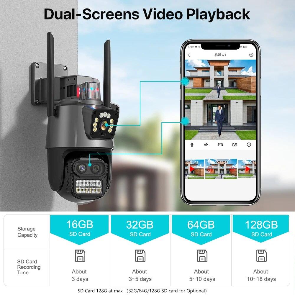 LS VISION Cámara PTZ Exterior UE 9MP 4K HD Zoom Híbrido 8X Tres Lentes Doble Pantalla Cámara IP Wifi 4MP Alarma Luz Policial Vigilancia CCTV ICSee