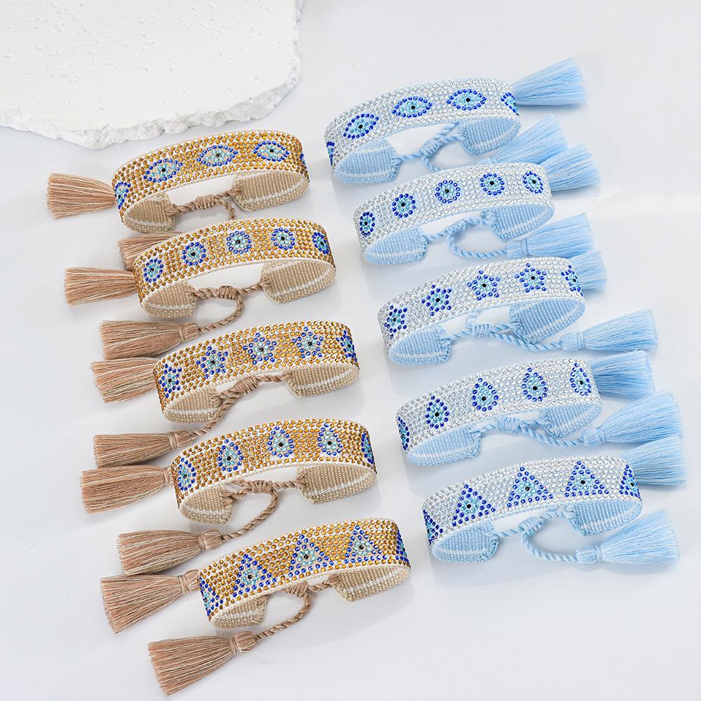 Devil's Eye Rhinestone Friendship Bracelet - Blue Eye Handmade Tassel Bracelet