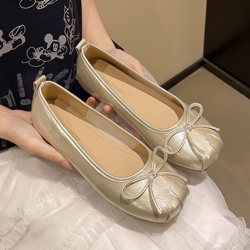 2025 new French square head shallow mouth flat sole shoes women's soft sole bow ballet flat sole shoes