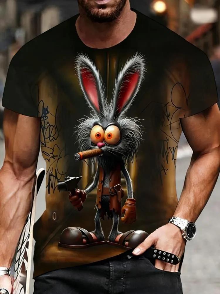 Men's 3D Funny Bad Rabbit Print T-Shirt, Smoking Rabbit with Hammer Design, Casual Crew Neck Short Sleeve for Streetwear