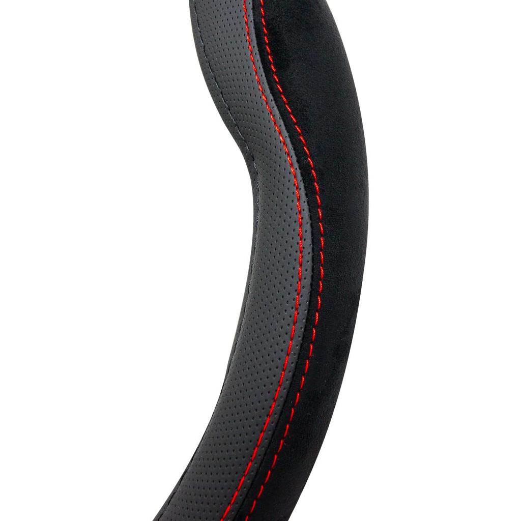 MOMO Comfort Microfiber Steering Wheel Cover, Italy, Milan, Flat Bottom, D-Shaped, Black with Red Stitching