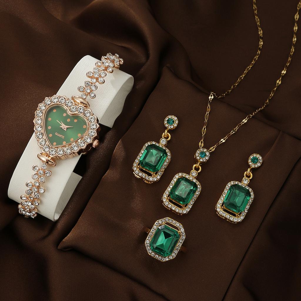 5 st/set Vardagsmode Kvarts Klocka & Hjärta Strass Smyckesset Gåvor för Kvinnor Lyxmärkesdesign Kvinnor Montre Femme Reloj