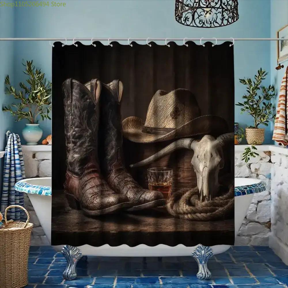 1 Vintage Cowboy Shower Curtain | Polyester Sateen, Unlined, 180*180cm, Includes 12 Hooks, Machine Washable, All-Season Home D