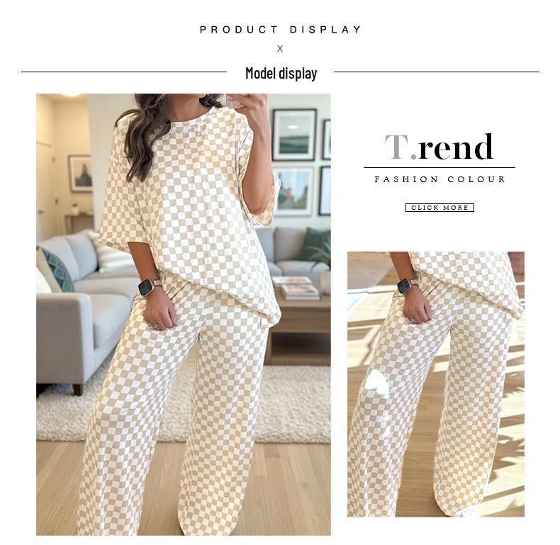 Women's Autumn Plaid Chessboard Two-Piece Set with Loose Slimming Five-Point Sleeve Top and Straight-Leg Pants