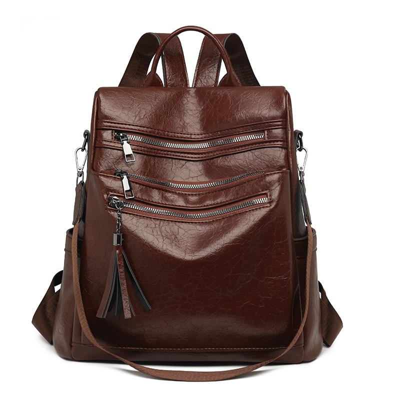 Women's Soft Leather Backpack Color Block Student Schoolbag Tassel Travel Bag