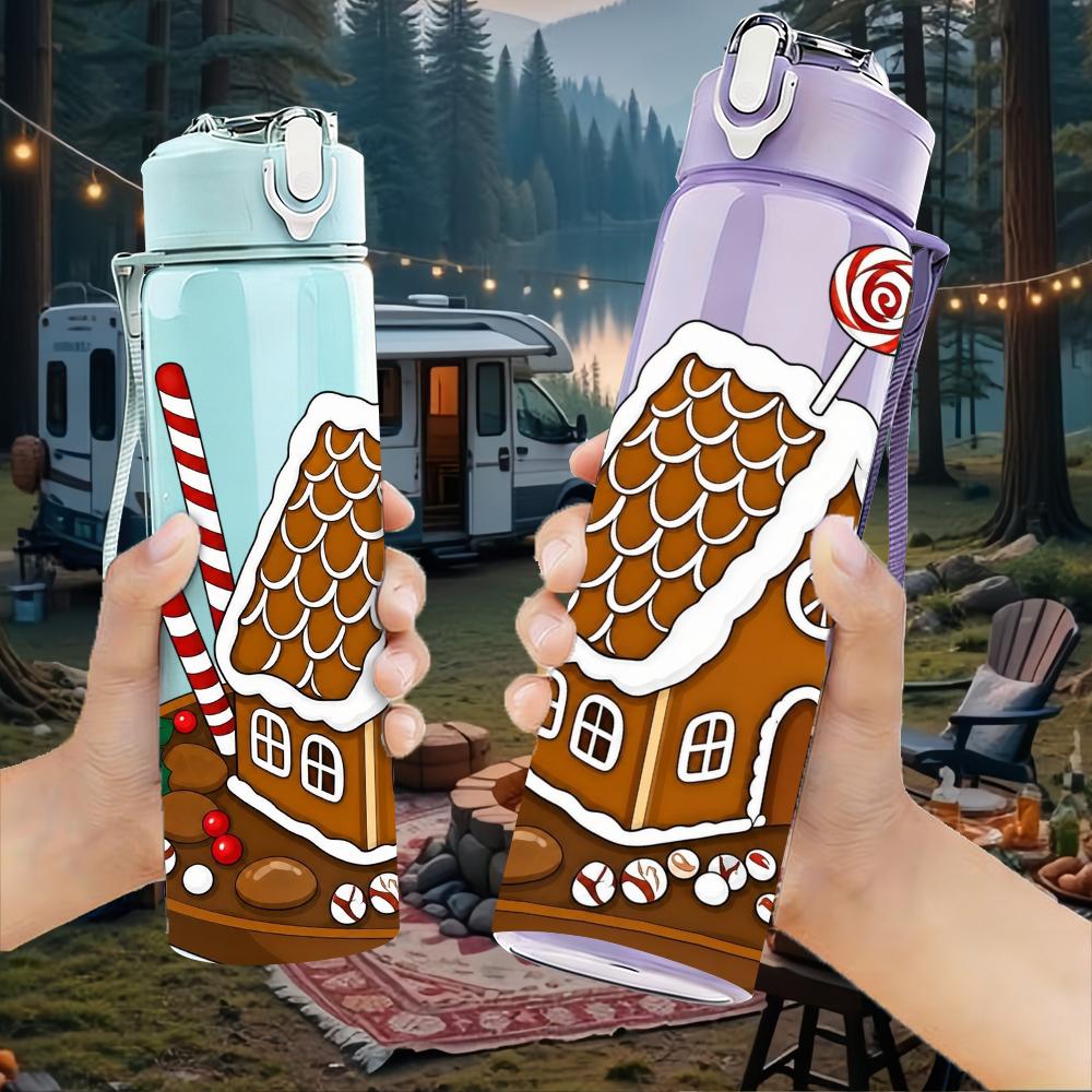 1PC Gingerbread House Candy Cane 750ml Color Plastic Sports Water Bottle Leakproof Flip Straw Lid Suitable for Sports Office Home Use