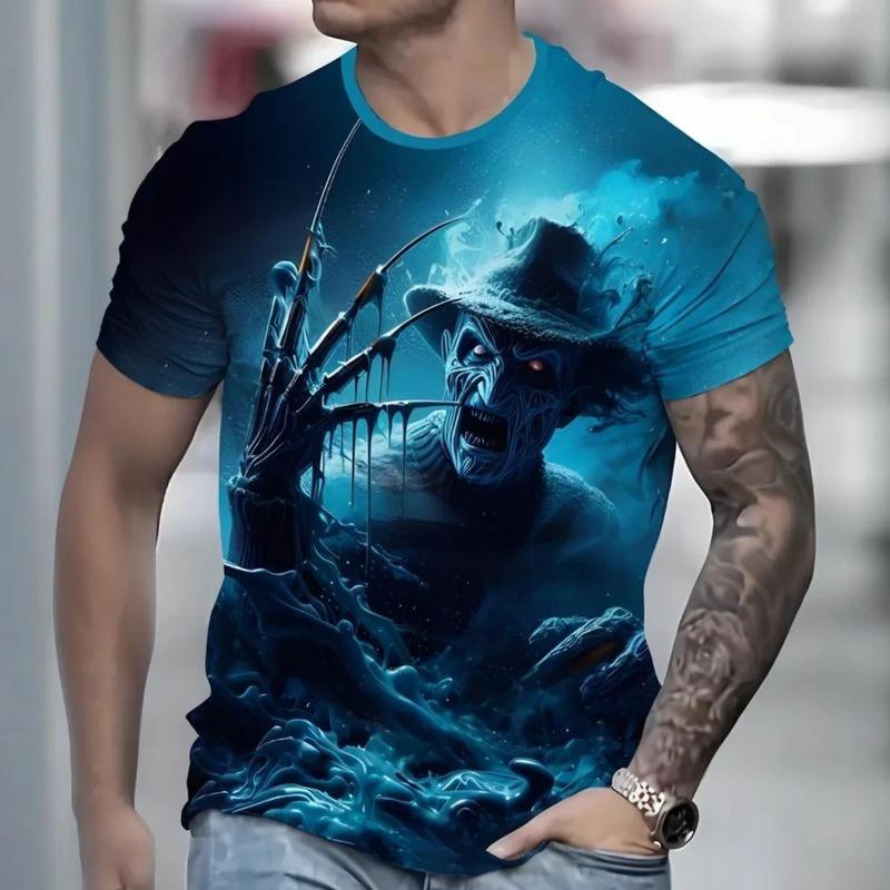 Men's Halloween Sports T-shirt 3D Neutral Skull Print Round Neck Short Sleeved Casual, Comfortable and Fashionable Top