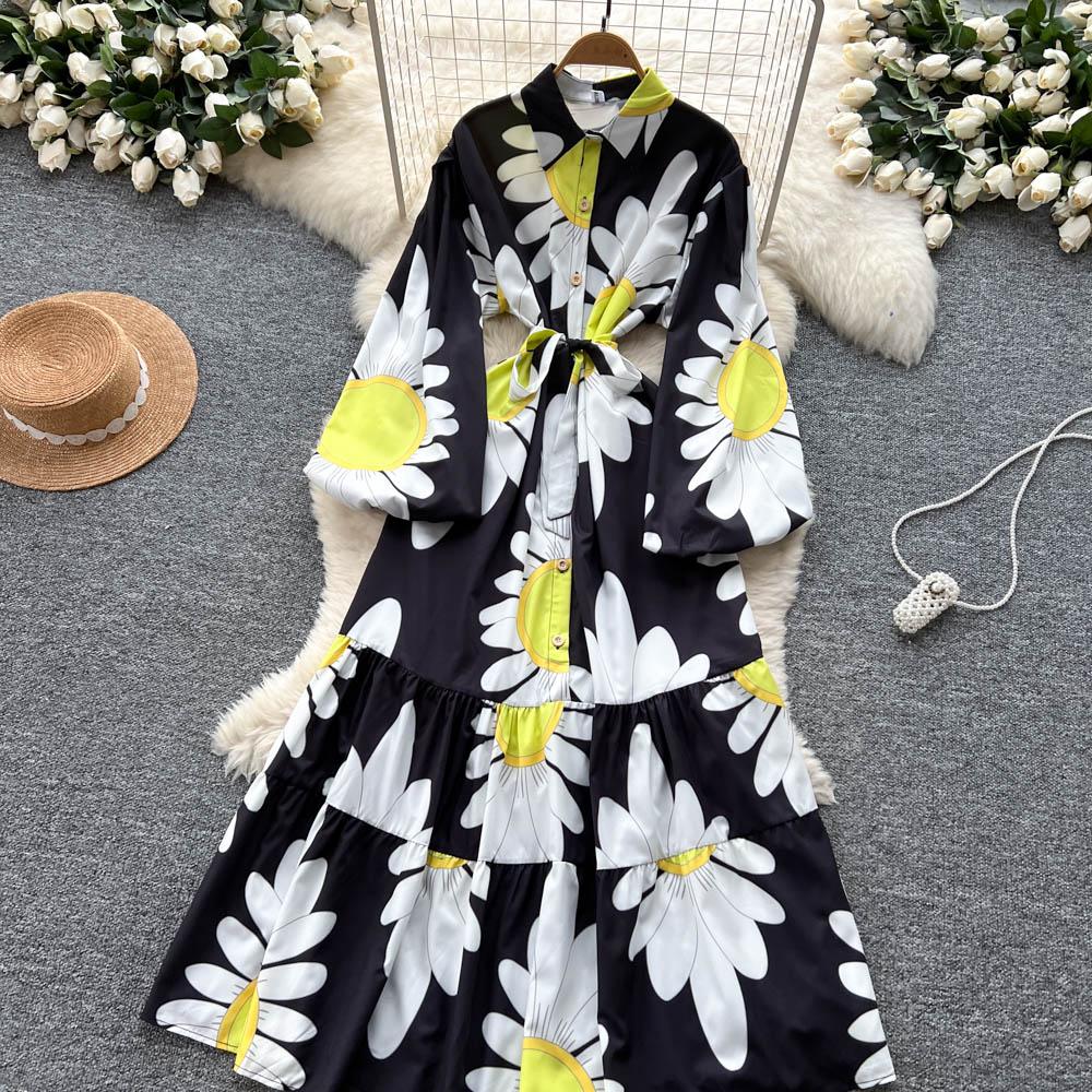 Chic Vintage Sexy Buttonn Ruched  Print Slim Elegant Fairy Summer  Korean Fashion Boho Sundress Women Clothing Long Dress