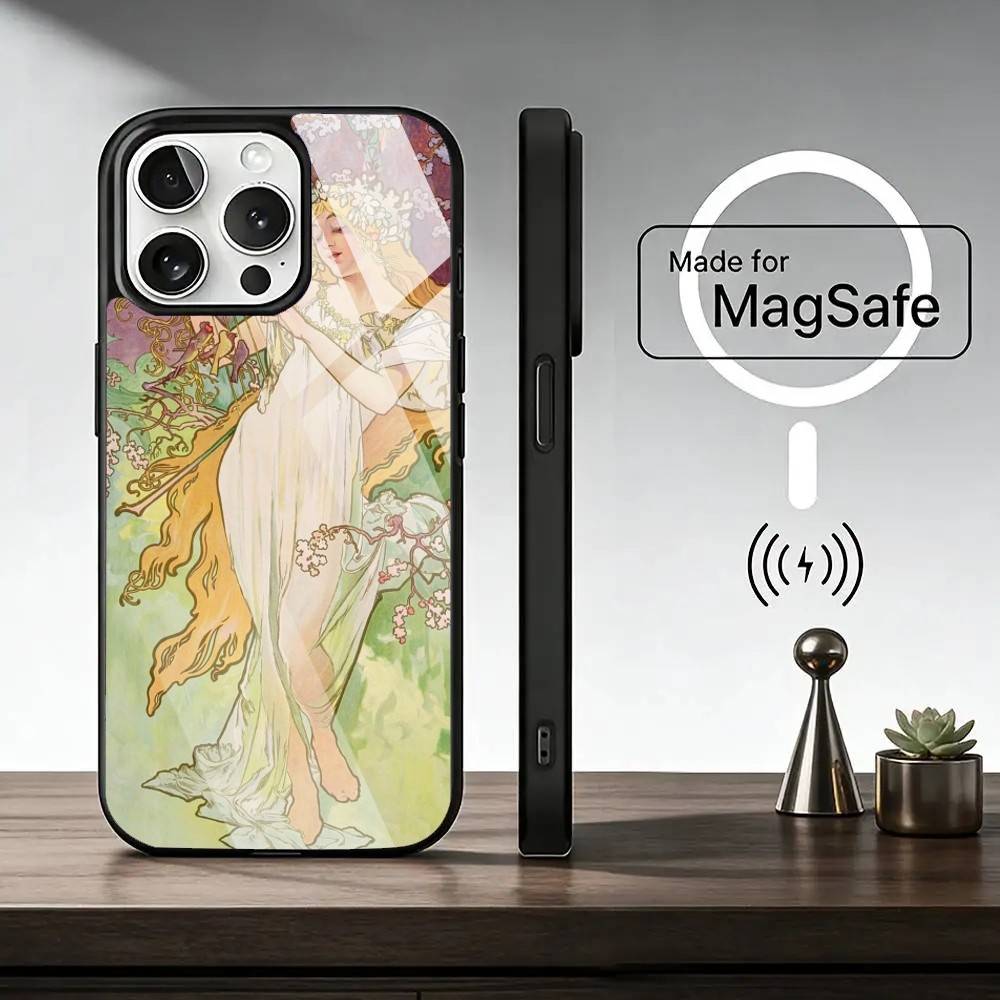 Alfons Mucha P-Primavera Phone Case For iPhone17,16,15,14,13,12,11 Plus,Pro Magnetic with Magsafe Wireless Charging iPhone13PROMAX