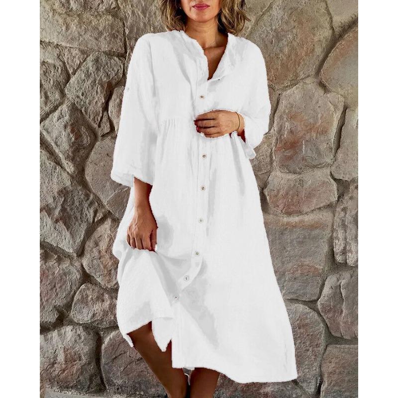 Women's Solid Color Linen Cotton Stand Collar 3/4 Sleeve Single Breasted Loose Casual Midi Long Dress