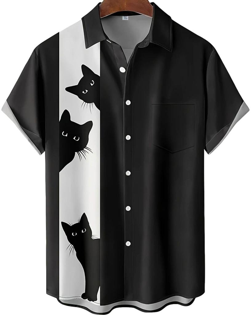 Aspersio Short Sleeve Cat Print Collared Retro Patterned and Flashy Top for Street Cat Print Summer Wear Shirt, Unique, Fun, Men, Cool, Colorful,
