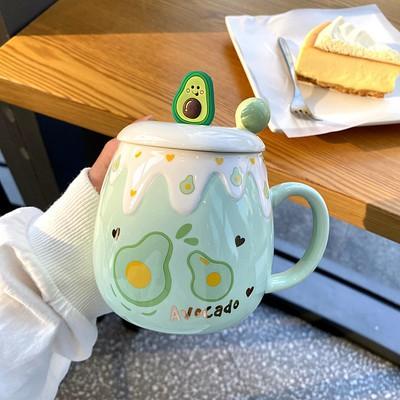 Cute Ceramic Cup Girl Heart with Lid and Spoon Mug Strawberry Large Capacity Creative Household Breakfast Coffee Cups
