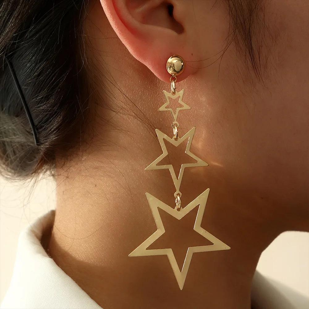New Fashion Silver Color Pentagram Earrings for Women Charm Hollow Five-pointed Star Stainless Steel Dangle Earrings Jewelry