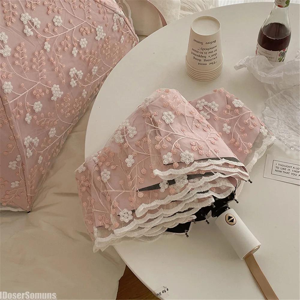 

Light Luxury Automatic Umbrella with Bag 2 Layers Embroidery Lace Folding Umbrella Paraguas Sunshade for Women Girl Gift
