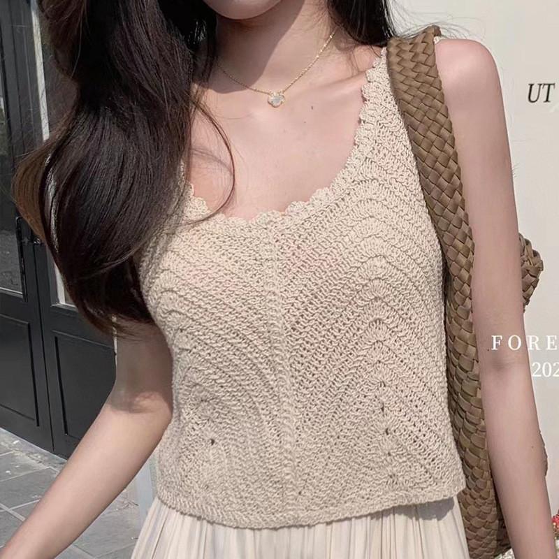 2026 New Korean Style Sweet Temperament Crochet Camisole Summer Vintage Solid Color Sleeveless Top Versatile Casual Vest for Women