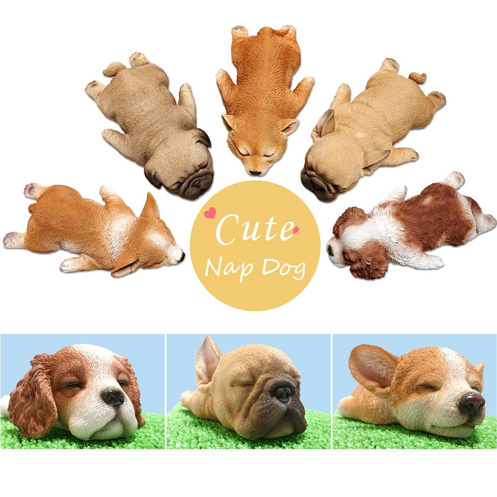 TATOTTE Realistic Dog Figurine Cute Animal Soothing Interior Dog Napping with Artificial Grass Mat - Figurine, Decor, Goods, Gift, Present, Puppy,