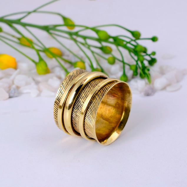 Gold Brass Spinner Ring, Wide Adjustable Meditation Ring, Handmade Boho Fidget Ring, Unisex Statement Jewelry Gift