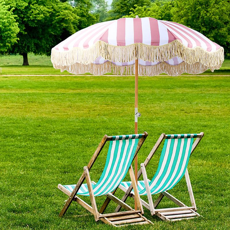 European Style Rotatable Patio Umbrella with Tassel Edge - Wooden Pole and Sunshade for Garden, Beach, Pool, and Terrace