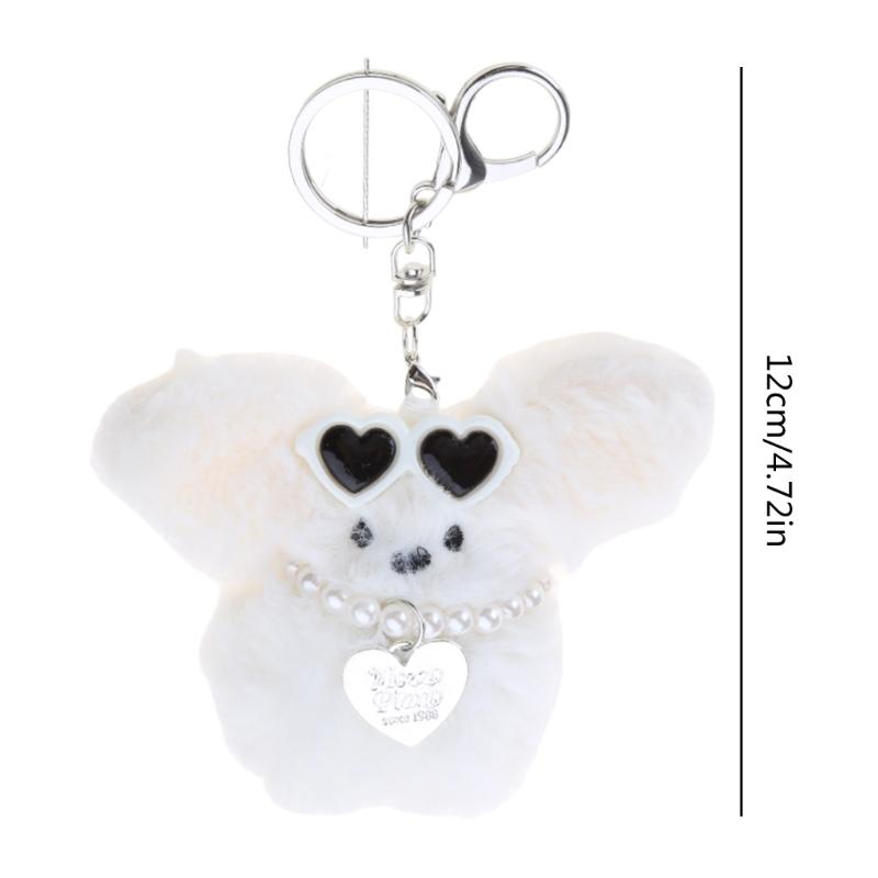 Handmade Rabbit Keychain with Glasses Bunnys Heart Charm Keyring for Women Plush Key Chain Pendant Car Bag Ornament