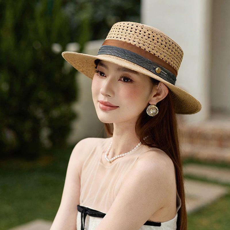 New Hollow Flat Top Straw Hat Women's Summer Straw Shade Sunscreen Hat Seaside Vacation Versatile Big Eaves Sun Hat