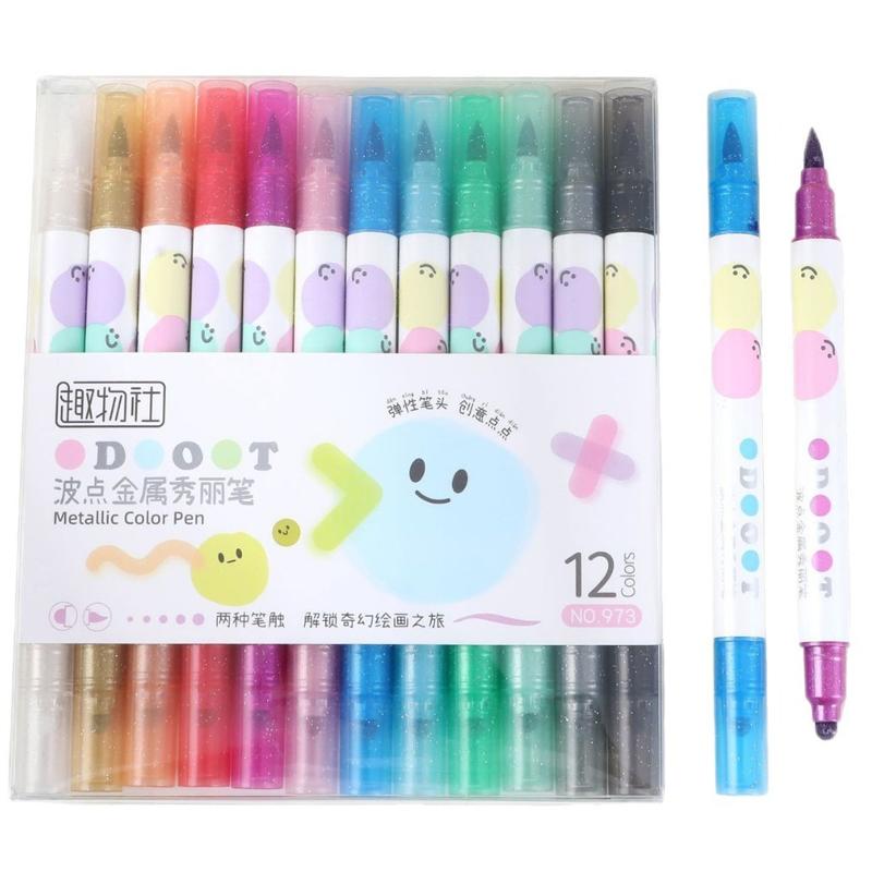 

12Colors Metallic Acrylic Paint Markers Bold and Brush Dual-tip for Rock Wood Ceramic Canvas DIY Painting Drawing Art Supplies