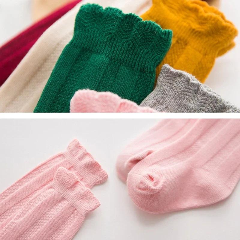 Solid Candy Color Autumn Cotton Double Needle Knee High Socks for Baby Girls Princess 1 To 10 Years Kids Toddler Long Socks