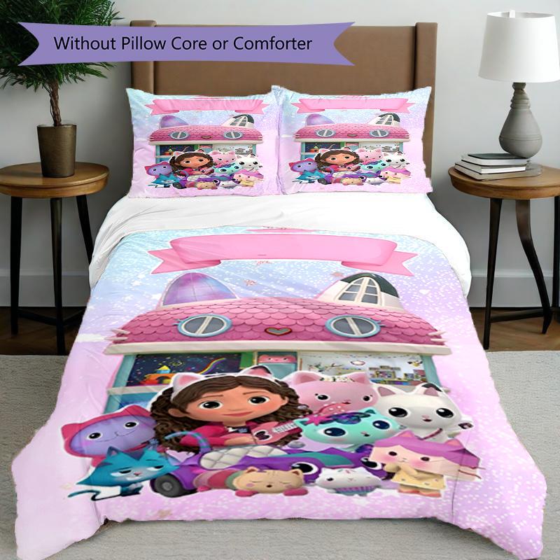 3-teiliges Bettbezug-Set (1 * Bettbezug + 2 * Kissenbezug, ohne Kern), Gabby's Puppenhaus Druck Bettwäsche-Set, Schlafzimmer-Dekoration, Ganzjahres, Geburtstagsgeschenk