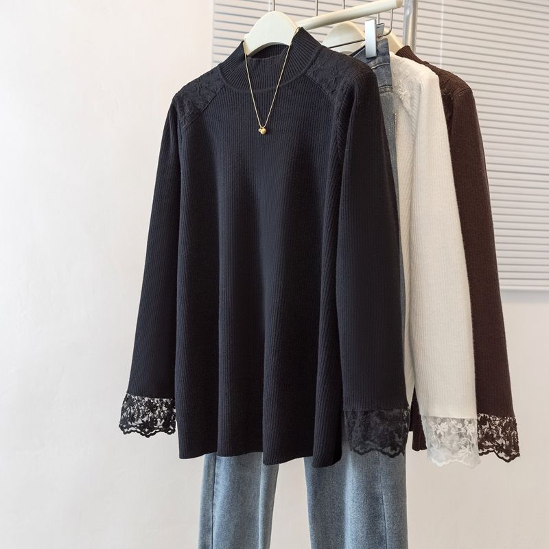 Women's Plus Size Base Shirt Lace Half Turtleneck Base Shirt Autumn Winter Solid Color Stretch Velvet Long Sleeve T-Shirt