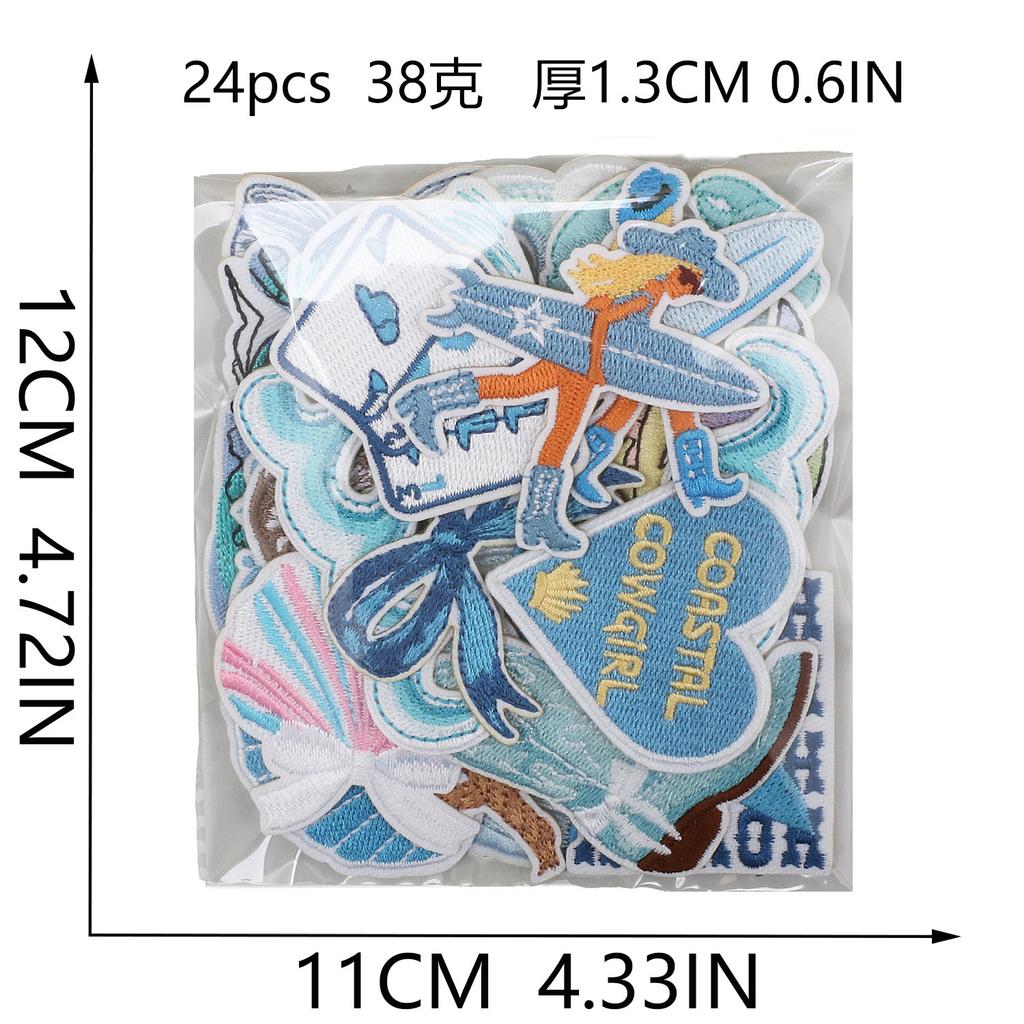 Blue Theme Embroidery Cloth Sticker, Surf Girl Patch Sticker, Wave Hermit Crab Computer Embroidery Label, Shell Chapter Sticker