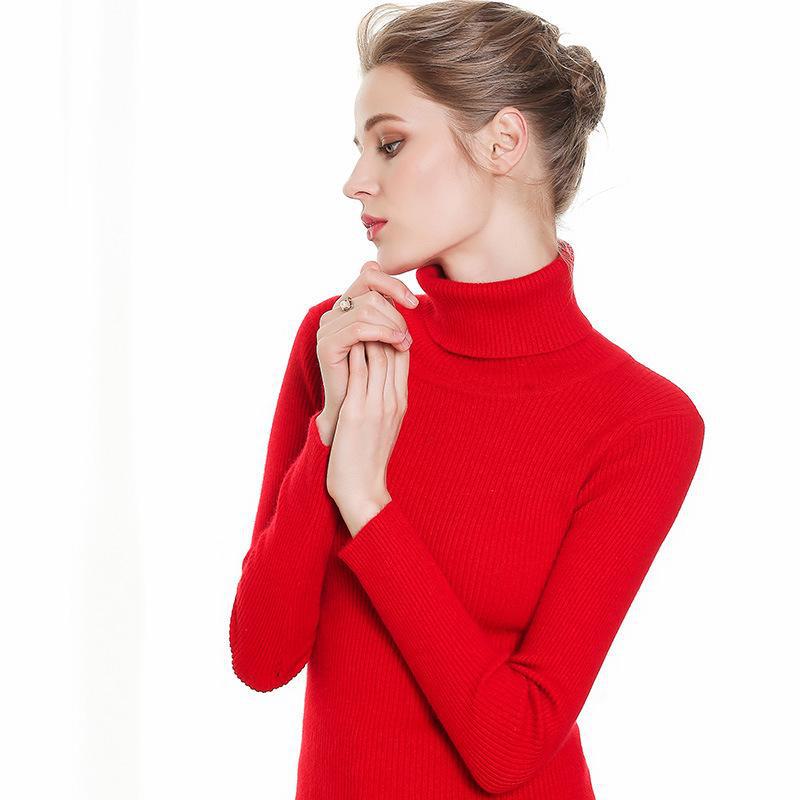 Women's Long-Sleeve Knitted Turtleneck Sweater - Slim Fit Solid Color Pullover for 2024 Autumn/Winter.