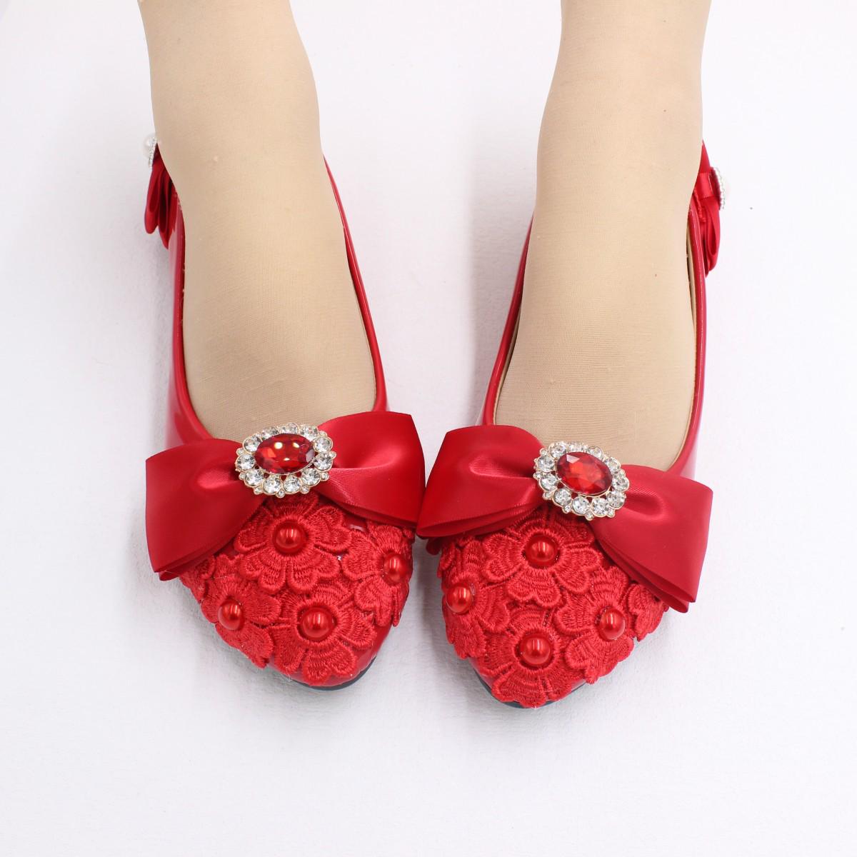 Red Bow Rhinestone Women s Flat Wedding Shoes BH2438 Size 38