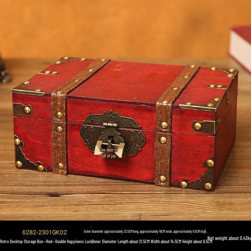 Retro Wooden Rectangular Storage Box Set with Lock - Creative Organizer & Decorative Props