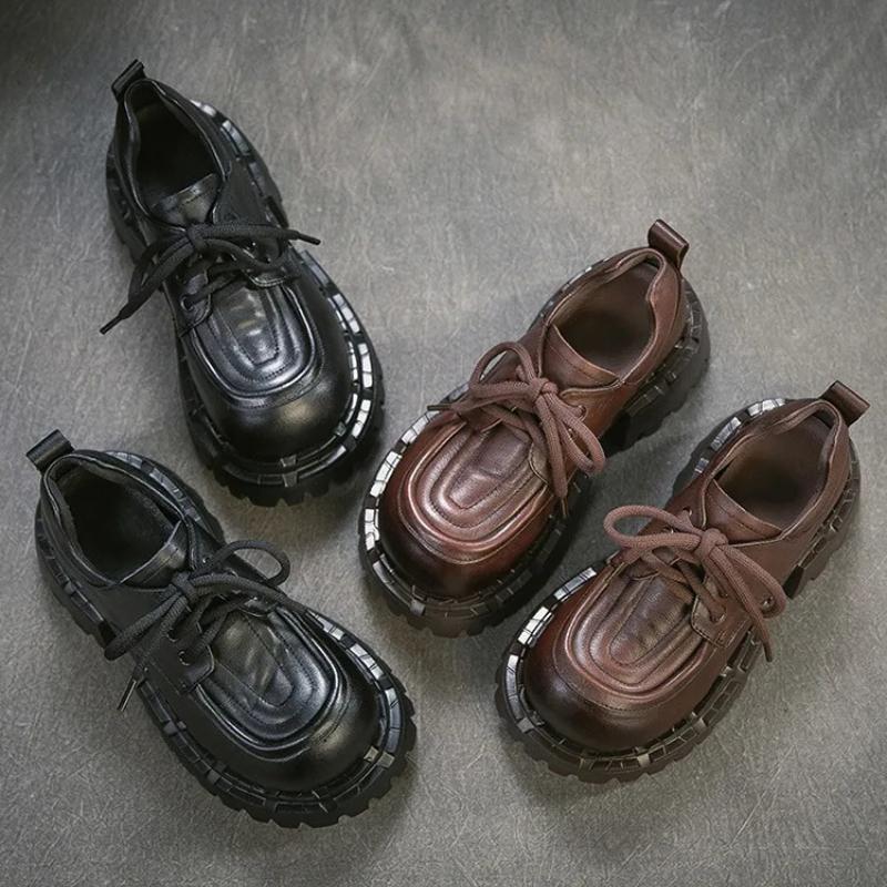 Johnature Britischer Stil Schnürschuhe Runde Spitze Dicke Sohle Echte Leder Vielseitige Damen High Heels Pumps