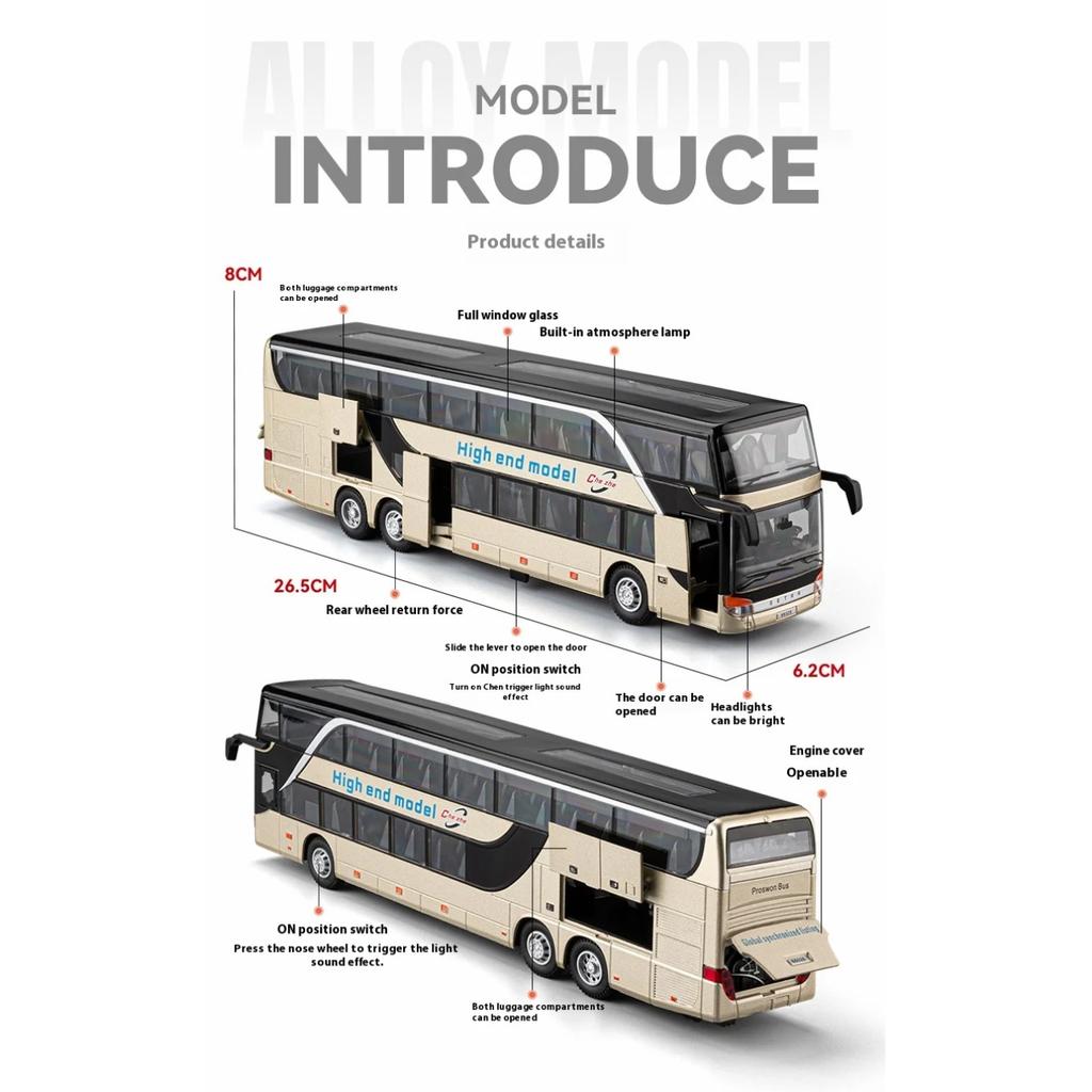 1/30 Business Long Distance Double Decker Bus Alloy Die Cast Metal Model Bus Children's Educational Simulation Toy Holiday Gifts