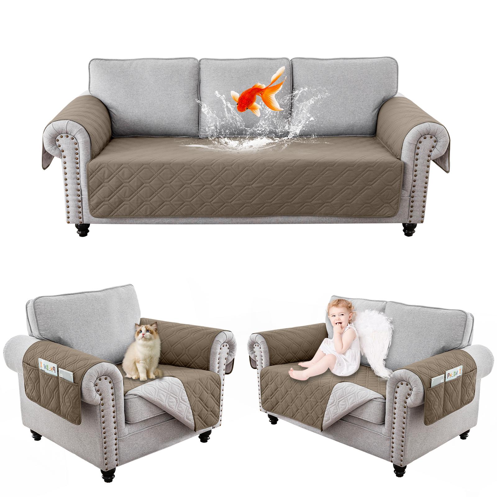 123-местный 100 водонепроницаемый стеганый чехол для дивана противоскользящие чехлы для дивана коврик для домашних животных с карманами моющийся защитный чехол для мебели 1 Seater серо-коричневый 7246₽