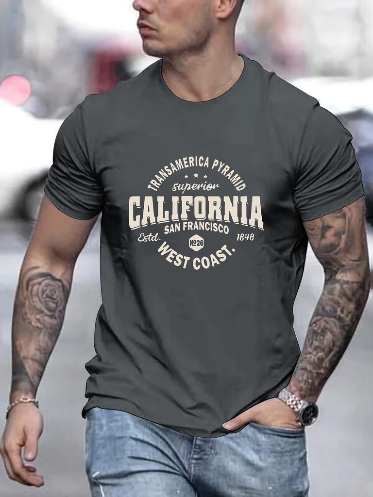 Herr California Grafisk T-shirt - San Francisco 1905 Västkustdesign, Ledig Kortärmad T-shirt, Maskintvättbar, Rund Halsringning