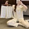 Fashion And Simple Style Summer Pajamas Women'S Tulip Cloud Cotton Loungewear Doll Collar Short Sleeve Three-Piece Set