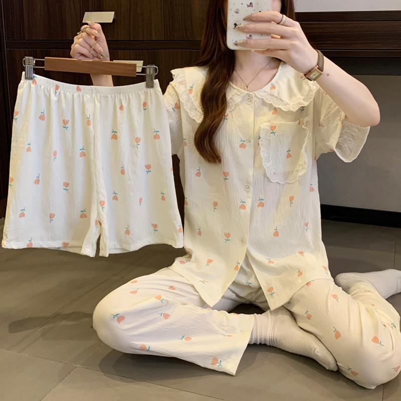 Fashion And Simple Style Summer Pajamas Women'S Tulip Cloud Cotton Loungewear Doll Collar Short Sleeve Three-Piece Set