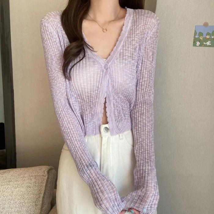 2025 Summer Ribbed Ice Silk Long Sleeve Knitted Cardigan – Women's Lightweight, Micro-Transparent, Hollow Out, Sun Protection.