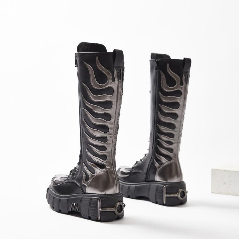 Bottes Longues au Genou Tendance Pour Femmes Nouvelles Bottes de Chevalier à Lacets et Tige Haute Augmentant la Hauteur Bottes à Semelles Épaisses Chaussures Punk Bottes Longues Style Rétro