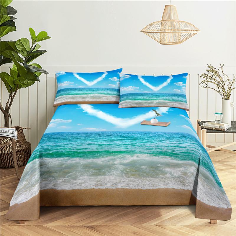 Seaside Scenery 0.9/1.2/1.5/1.8/2.0m Digital Printing Sturdy Polyester Bed Flat Sheet With Pillowcase Print Pattern Bed Ensemble