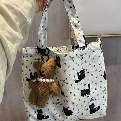 Women Cat Printed Canvas Tote Bag Ladies Casual Shoulder Bag Large Capacity Shopping Beach Bag No Pendant Doll