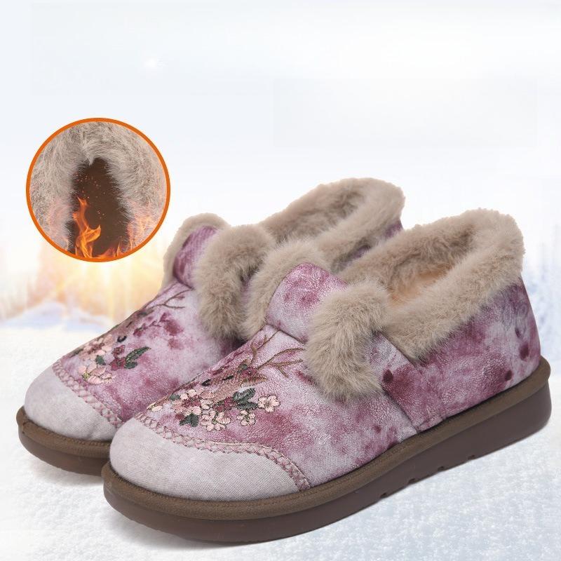 Cotton Shoes Women Winter Casual Peplum Cotton Boots Fashion Embroidered Snow Boots Padded Thickened Moms Shoes Outdoor Hiking Cold Winter Shoes