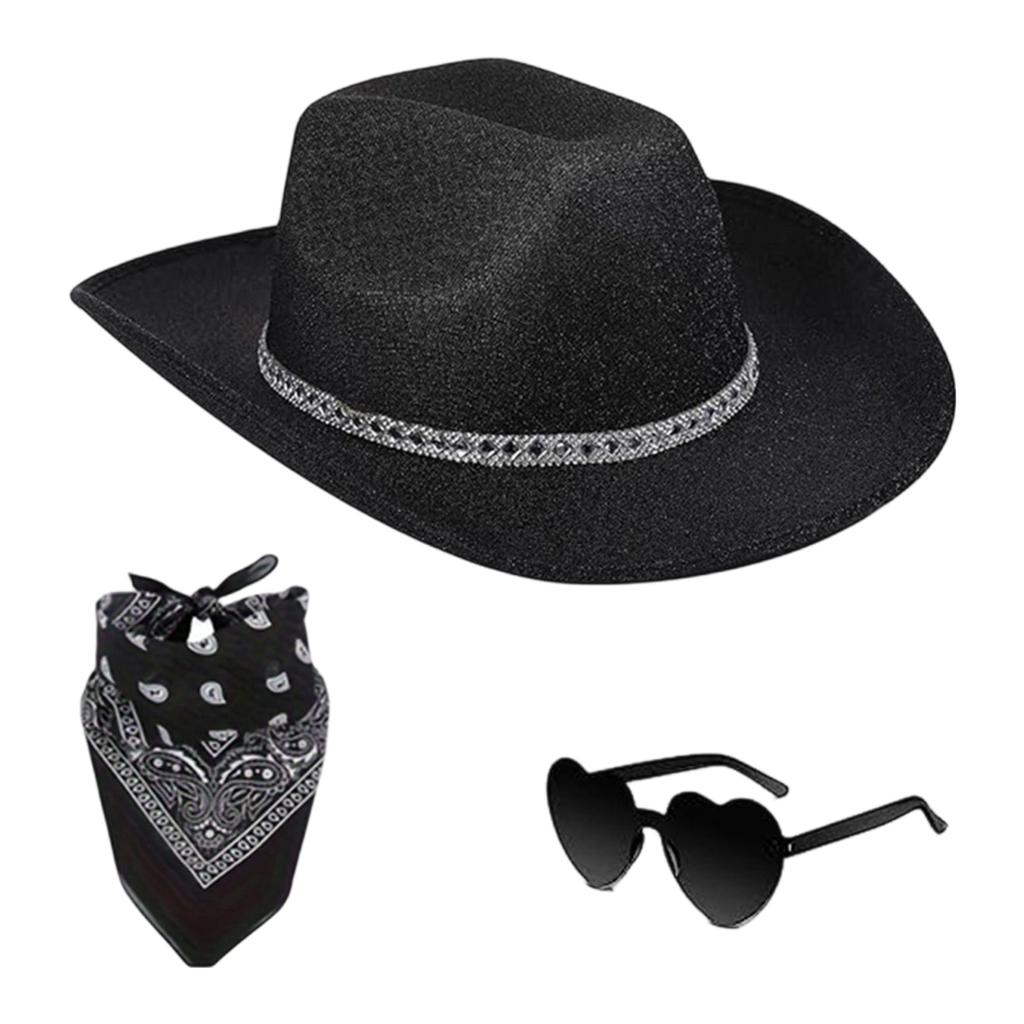 Westernhut-Set für Erwachsene mit glitzerndem goldenem Hut, Bandana und Sonnenbrille