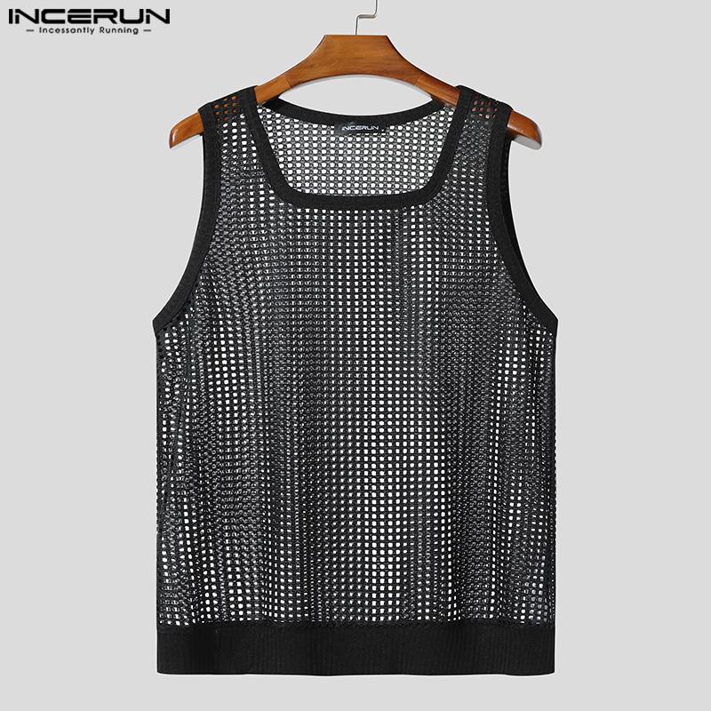 INCERUN Men Square Collar Sleeveless Hollow Out Casual Beach Tank Tops