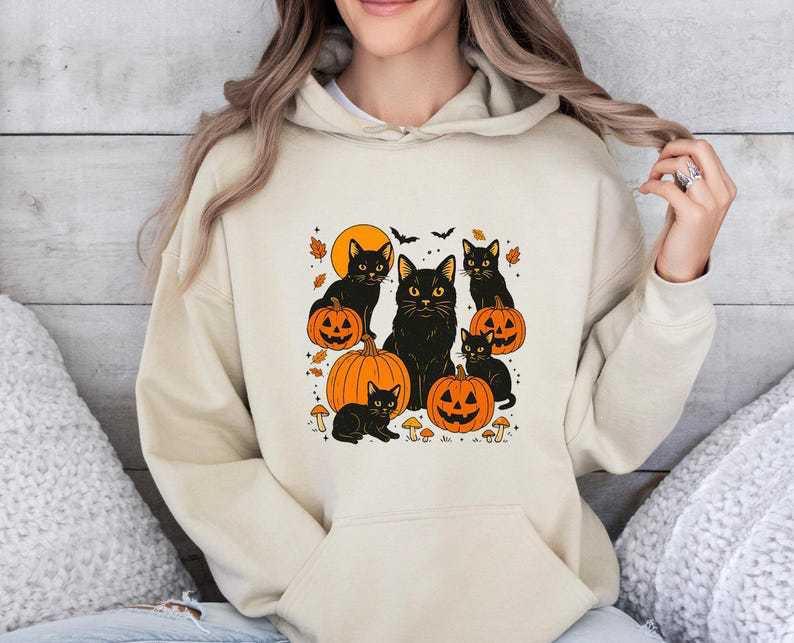 Black Cat Print Hooded Sweatshirt - Women's Fashion Long Sleeve for Autumn/Winter
