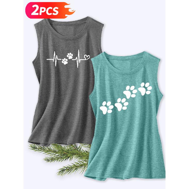 Follow a Specific Direction Two-piece Women's Vest Set Pet Paw Print ECG Print Elegant Summer Party Outfits Sleeveless Vest Essential Fashion Items