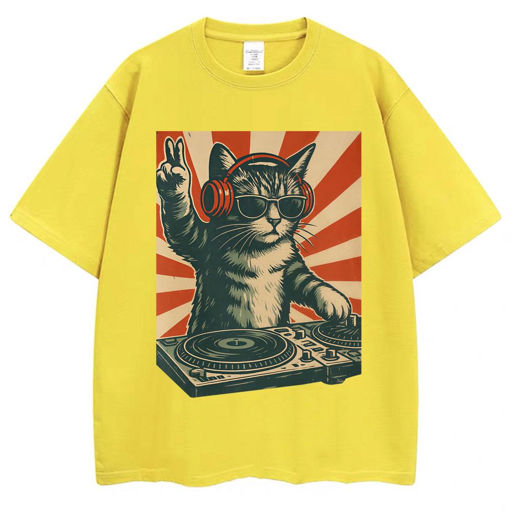 

Funny Cool Dj Cat Meme Graphic Vintage T Shirt Men Women Humor T Shirts Oversized Cotton Casual T-shirt Streetwear Gifts 3XL
