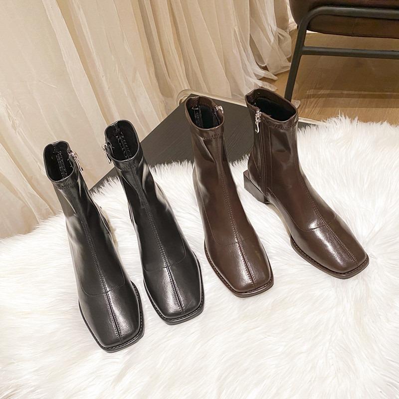 Huge comfort! Niche design square head thick heel short boots women's medium heel British elastic boots thin boots bare boots women